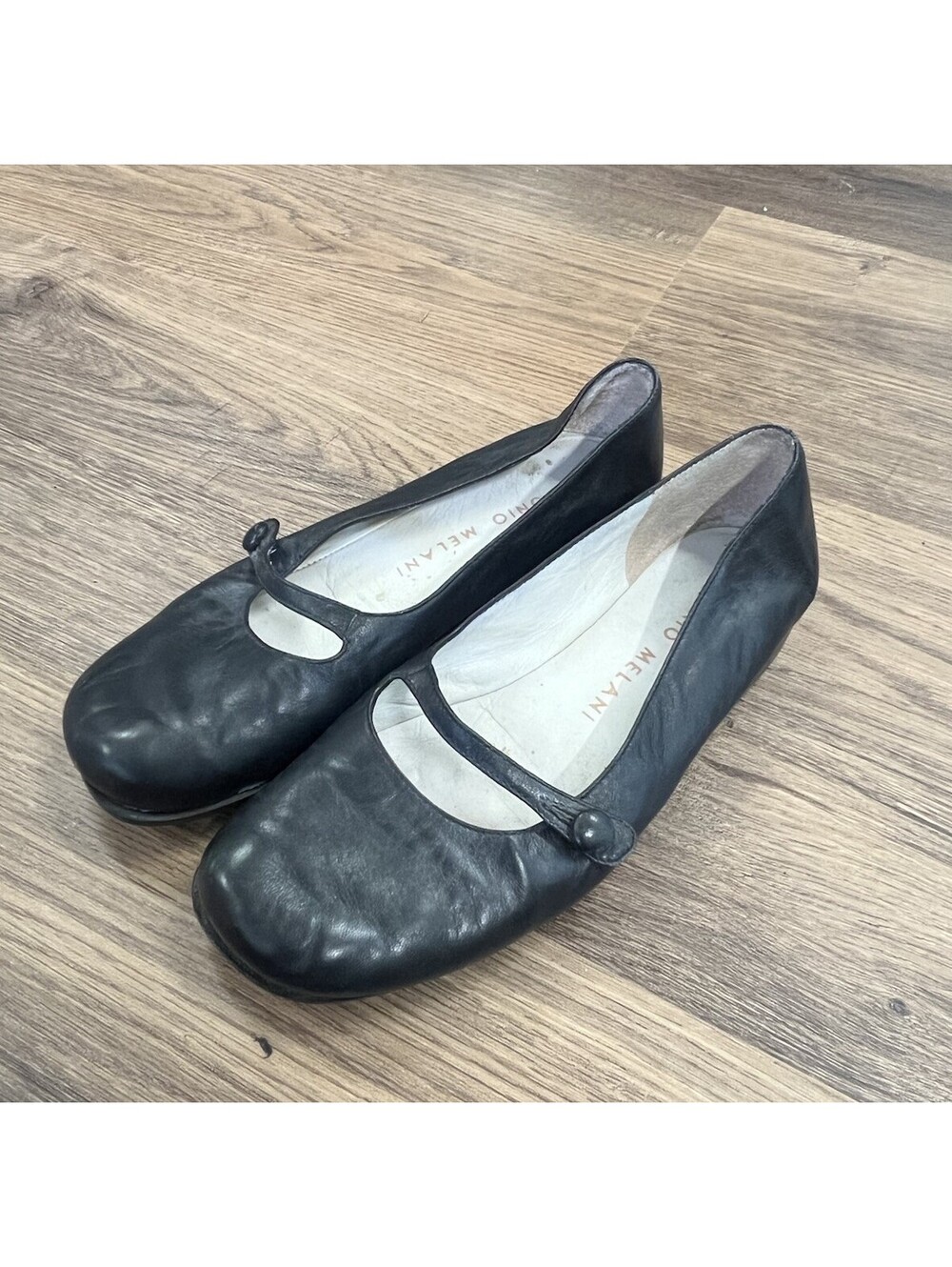 Antonio Melani Black Leather Mary Jane Flat Shoes Womens Size 6M Square Toe